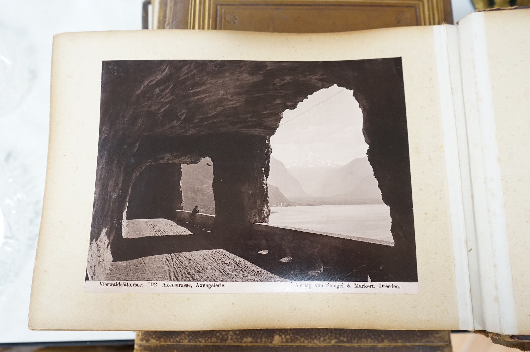 Photograph Albums - four miscellaneous, mostly travel: G.B. (some seaside and harbours), Europe and India; some cabinet portraits; mostly 16 x 22cms. (et infra); various leather bindings. later 19th and earlier 20th cent